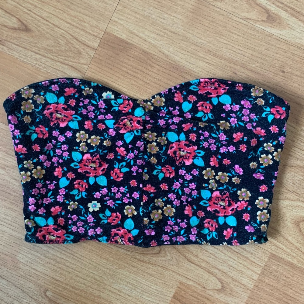 Pacsun Nollie Black and Pink Floral Bandeau Top